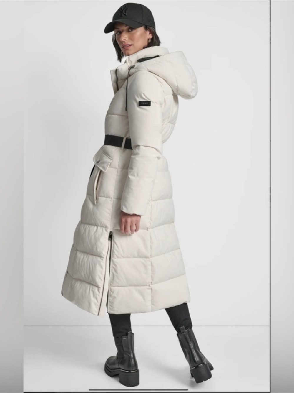 🌸 DKNY Cream Long Quilted Hooded Puffer Coat with Black Belt - Picture 5 of 9